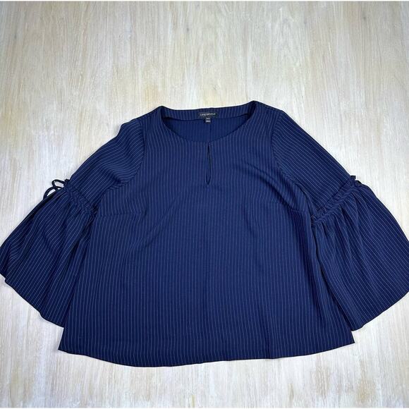 Lane Bryant Navy Key Hole Pin Stripe Bell Sleeve Print Long Sleeve Blouse 14/16 - Picture 1 of 14